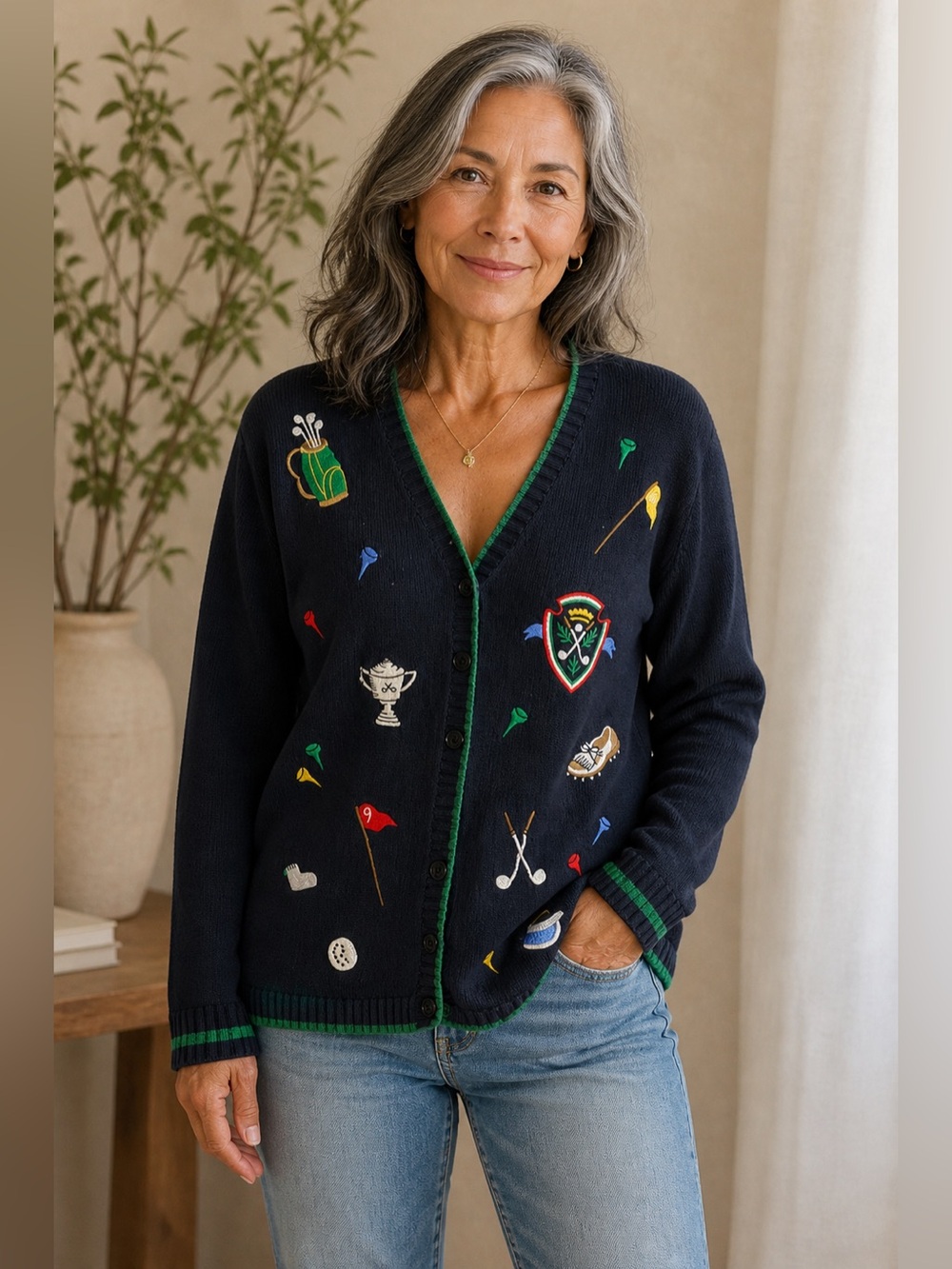 Talbots Petite Vintage Golf Cardigan Embroidered Navy Sz small